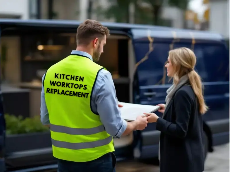 kitchen Worktops Replacement specialists giving consultation to the clien next to the mobile worktops showroom